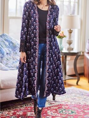 April Cornell Indigo Court Cover Up  Floral Duster Cardigan  Medium